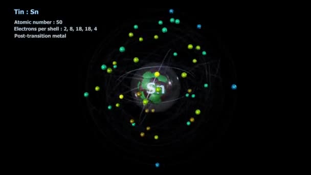Атом Олова Электронами Бесконечной Орбитальной Вращения Черным Фоном — стоковое видео