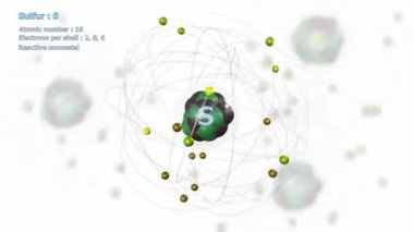 Atom of Sulfur with 16 Electrons in infinite orbital rotation on white with atoms in background