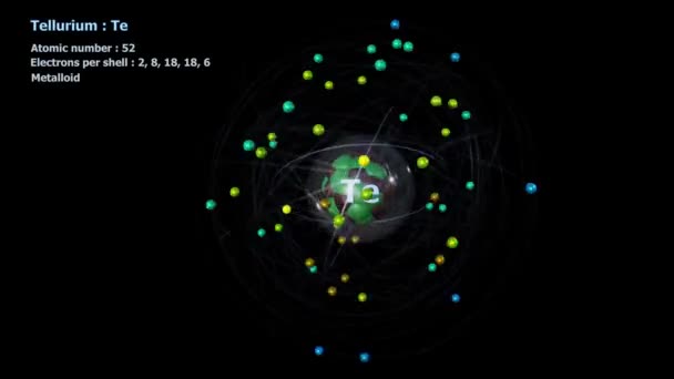 Atom Telluria Elektrony Nekonečné Orbitální Rotaci Černým Pozadím — Stock video