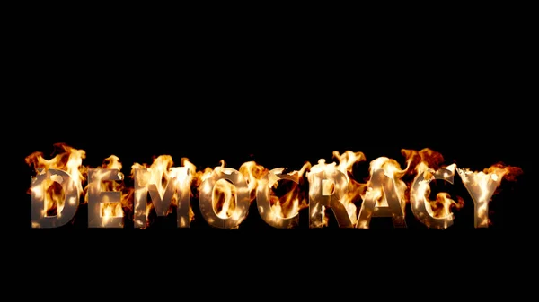 黒の背景に炎を開始して火災で破損した民主主義の言葉 — ストック写真