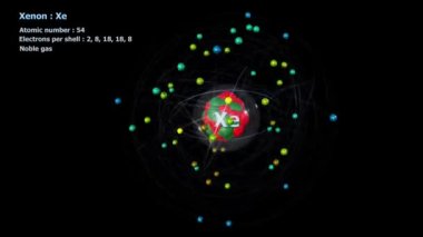 Sonsuz yörünge rotasyonunda 54 elektronu olan ve siyah arkaplanı olan Xenon Atomu