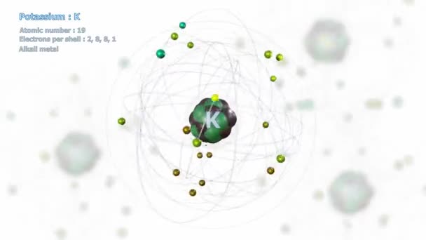 Атом Калия Электронами Бесконечной Орбитальной Вращения Белом Атомами Фоновом Режиме — стоковое видео