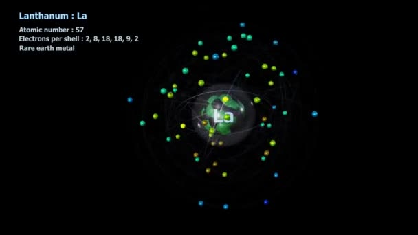 Átomo Lantano Con Electrones Rotación Orbital Infinita Con Fondo Negro — Vídeo de stock