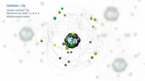 Атом Кальция Электронами Бесконечной Орбитальной Вращения Белом Атомами Фоновом Режиме — стоковое видео