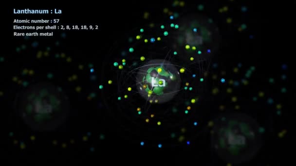Атом Лантану Електронами Нескінченному Орбітальному Обертанні Іншими Атомами Задньому Плані — стокове відео