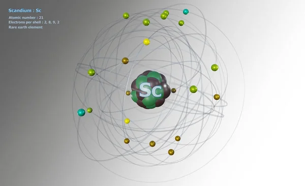 白地にコアと21個の電子を持つスカンジウムの原子 — ストック写真