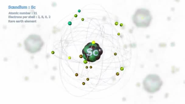 Átomo Escandio Con Electrones Rotación Orbital Infinita Sobre Blanco Con — Vídeo de stock