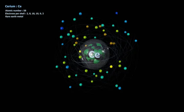 コアを持つセリウムの原子と黒の背景を持つ58電子 — ストック写真