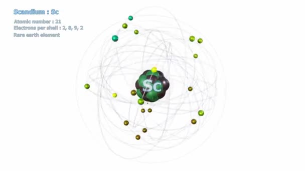 Атом Скандію Електронами Нескінченному Орбітальному Обертанні Білим Тлом — стокове відео
