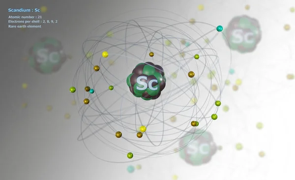 Atom Scandium Szczegółowym Rdzeniem Elektronów Bieli Atomami Tle — Zdjęcie stockowe