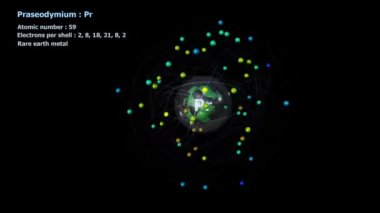 59 elektronu olan Praseodimiyum Atomu siyah arkaplan ile sonsuz yörünge rotasyonunda