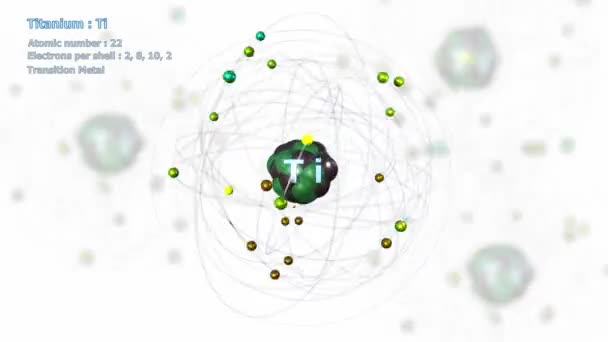 Atom Titan Med Elektroner Oändlig Omloppsbana Rotation Vitt Med Atomer — Stockvideo