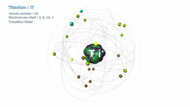 Átomo Titanio Con Electrones Rotación Orbital Infinita Con Fondo Blanco — Vídeo de stock