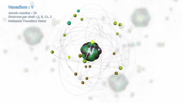 Атом Ванадия Электронами Бесконечной Орбитальной Вращения Белом Атомами Заднем Плане — стоковое видео