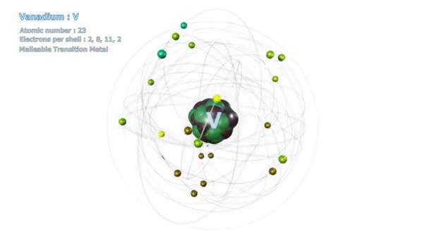 Атом Ванадію Електронами Нескінченному Орбітальному Обертанні Білим Тлом — стокове відео