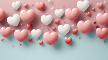 Sevgililer Günü arkaplanı, yumuşak pembe ve turkuaz renkte yumuşak pembe renge yatkın birçok beyaz pembe ve kırmızı kalp.