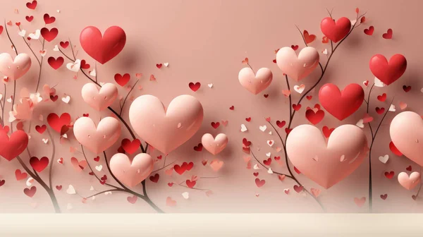 情人节背景 有许多丰满的粉色和红色心形的树 叶子呈柔和的粉红渐变 免版税图库图片