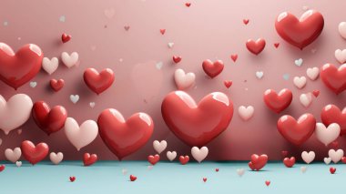 Sevgililer Günü arkaplanı, zemin olarak turkuaz eğimli parlak pembe ve kırmızı kalplerle dolu.