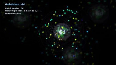 Atom of Gadolinium ve 64 elektron sonsuz yörünge rotasyonunda ve diğer atomlar arka planda