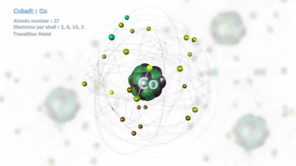 Atom Cobalt Elektronok Végtelen Orbitális Forgás Fehér Más Atomok Háttérben — Stock videók
