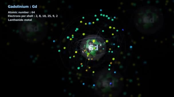 Атом Гадолінію Електронами Нескінченному Орбітальному Обертанні Іншими Атомами Задньому Плані — стокове відео
