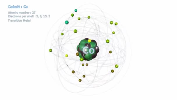 白い背景を持つ無限軌道回転で27個のエレクトロンを持つコバルトの原子 — ストック動画