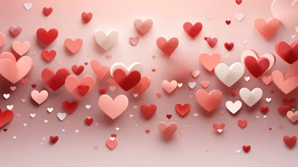 Valentine day background with many stylized pink and red hearts with a soft pink gradient