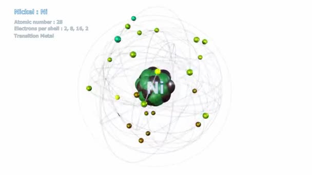 Átomo Níquel Con Electrones Rotación Orbital Infinita Con Fondo Blanco — Vídeo de stock