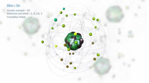 Атом Цинку Електронами Нескінченному Обертанні Орбіти Білому Фоні Іншими Атомами — стокове відео