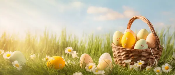 Bir sürü renkli Paskalya Yumurtası olan sepet çimenlere biraz papatya ve bulanık bir arka planı olan güneşli bir gün.