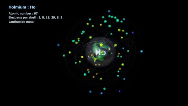 Átomo Holmio Con Electrones Rotación Orbital Infinita Con Fondo Negro — Vídeo de stock