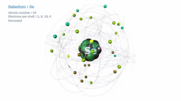 Átomo Selênio Com Elétrons Rotação Orbital Infinita Sobre Fundo Branco — Vídeo de Stock