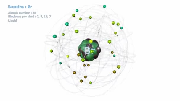 Átomo Bromo Con Electrones Rotación Orbital Infinita Sobre Fondo Blanco — Vídeo de stock