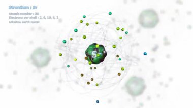 Atom of Strontium ve sonsuz yörünge yörüngesinde 38 elektron beyaz üzerinde diğer atomlarla birlikte