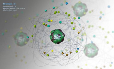 Detaylı Çekirdek ile Stronsiyum Atomu ve arka planda atomlarla birlikte 38 Elektron beyaz üzerine