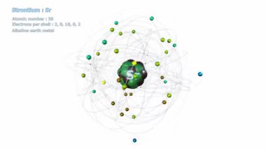 Atom of Strontium ve beyaz zemin üzerinde sonsuz yörüngede 38 elektron.