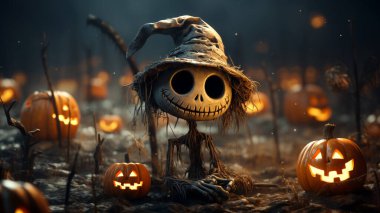 Siyah gözlü, yaşlı, tüyler ürpertici küçük Cadılar Bayramı kuklası. Sivri uçlu şapka ve bulanık bir geçmişi olan birkaç fener.