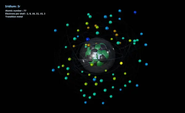 stock image Atom of Iridium with detailed Core and its 77 Electrons on a black background