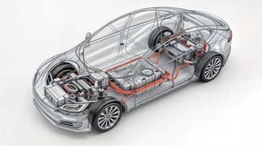 Markasız elektrikli spor araba konsepti beyaz arka plandaki pil kablolarının süspansiyonlarını ve tüm teknik sistemleri görmek için çoğunlukla saydamdır.