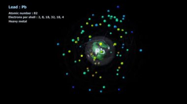 82 elektronu olan Kurşun Atomu siyah arkaplan ile sonsuz yörünge rotasyonunda