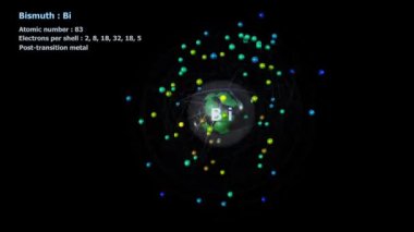 83 elektronu olan ve siyah arkaplan ile sonsuz yörüngede dönen Bismuth Atomu