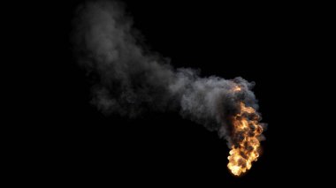Uzun Alevler ve kalın Duman ile izole Ateş düzenli olarak yanar Güçlü bir yanla Rüzgar siyah bir arka planda