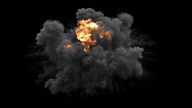 End of Ground Explosion with middle Blast and Shockwave with dense billowing Smoke and few Trails of tiny debris on a Black Background clipart