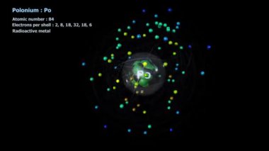 Polonyum atomu 84 elektronu ile sonsuz yörünge rotasyonunda siyah bir arkaplan ile