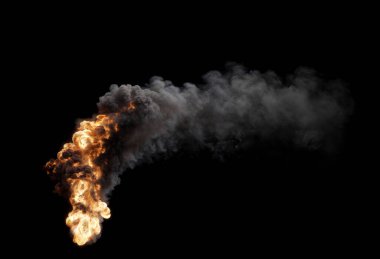 Büyük alevler ve yoğun dumanla izole edilmiş ateş gibi. Siyah arka planda güçlü bir rüzgâr esiyor.