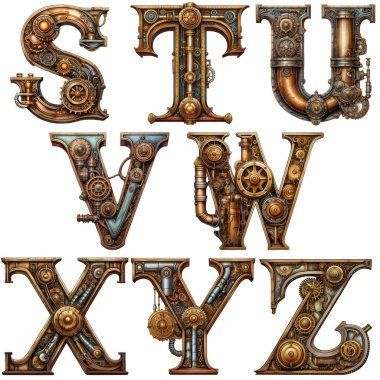 Steampunk tarzında büyük harf S 'den Z' ye çoğunlukla metal kahverengi bakır ve ahşap.