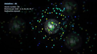 Astatin Atomu ve sonsuz yörüngede 85 elektron siyah üzerinde dönerek diğer atomlar arka planda