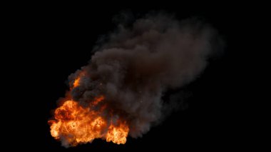 Büyük ve Yoğun Ateş 'in yüksek açılı görüntüsü siyah dumanla yükselen parlak turuncu alevler Siyah Arkaplan' da önemli bir yangın olayı