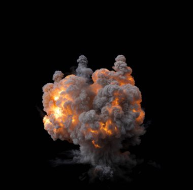 Parlak turuncu alevlerle büyük bir zemin patlaması ve Kara Arkaplan 'da merkezden yükselen karanlık bir duman bulutu.