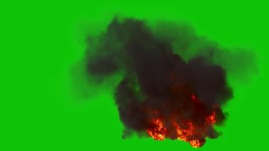 Yeşil Arkaplan 'da hızla dağılan Orange ve Yoğun Duman Plume' daki Uzun Alevler ve Közleri ile Büyük Yağ Yangını yüksek açılı görünüm